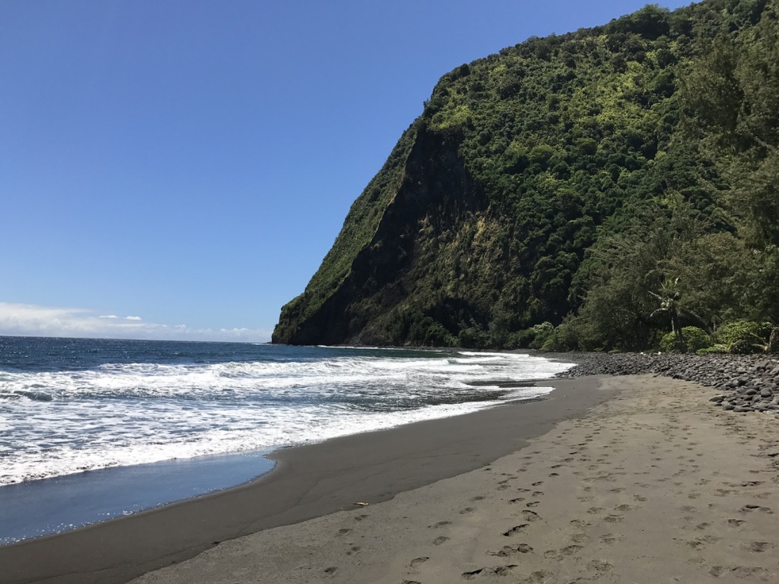 Black-sand beach below a green sea cliff, Waimanu