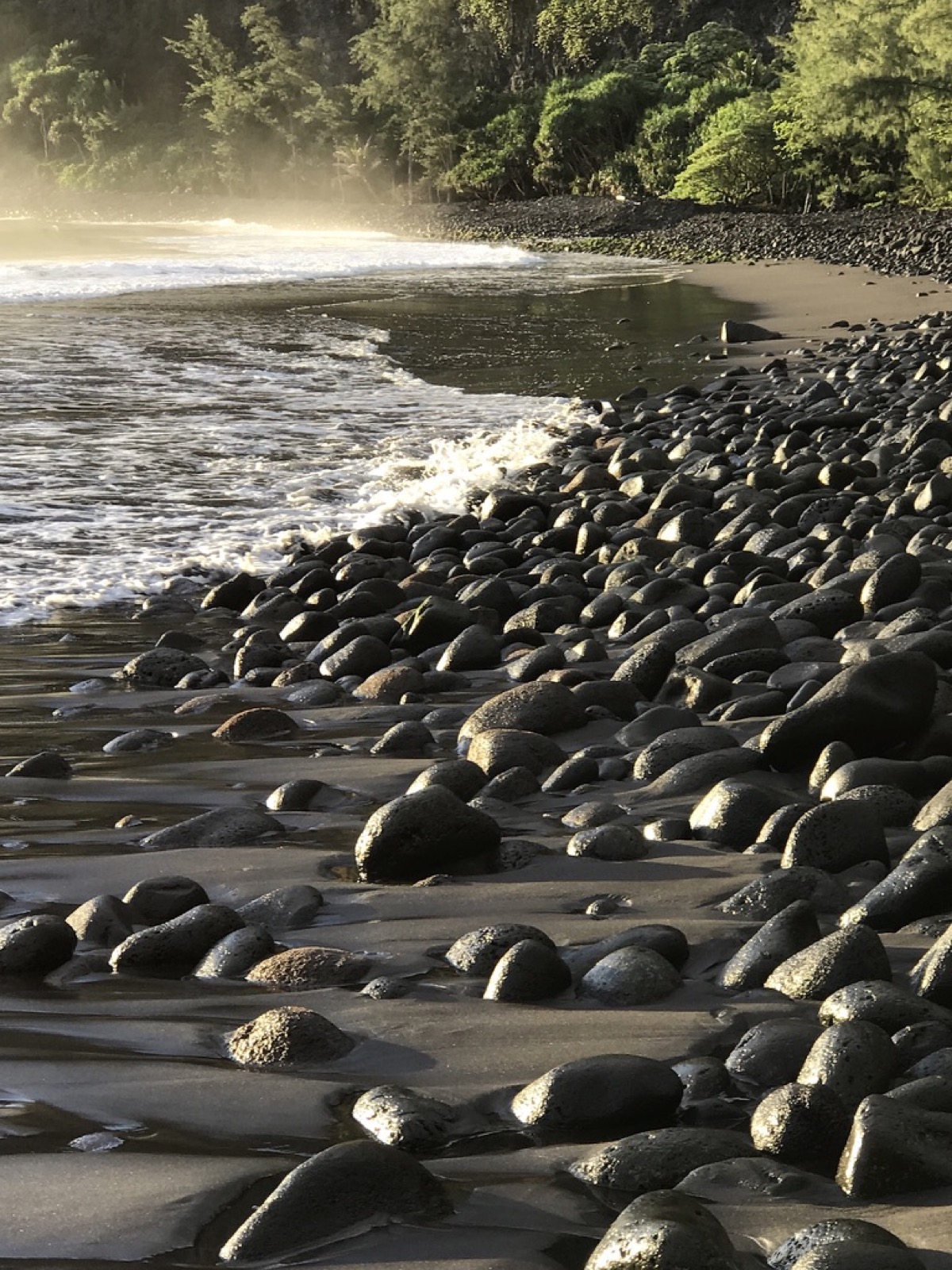 Surf washing over a black boulder shore at first light