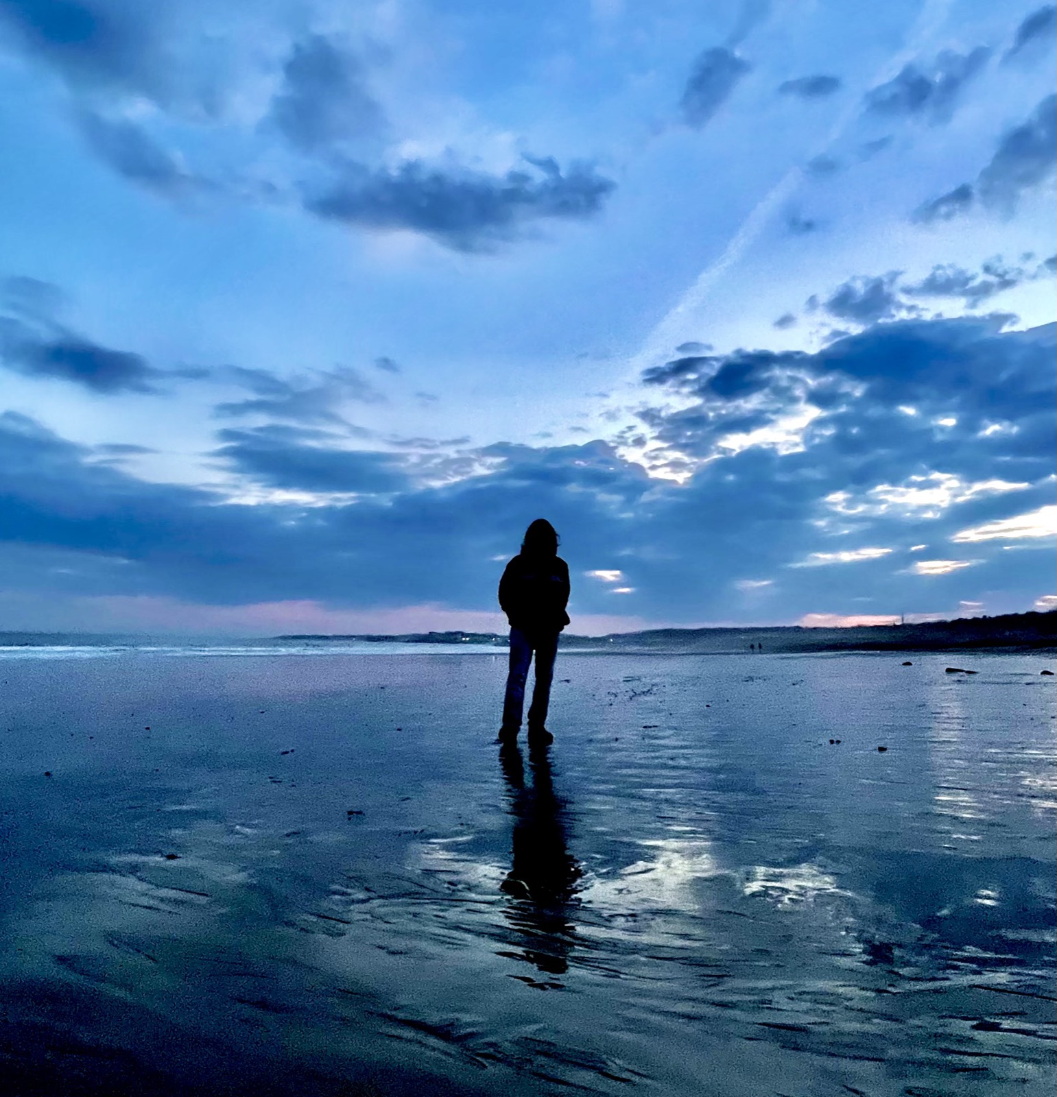 A lone figure on a wet beach at blue dusk