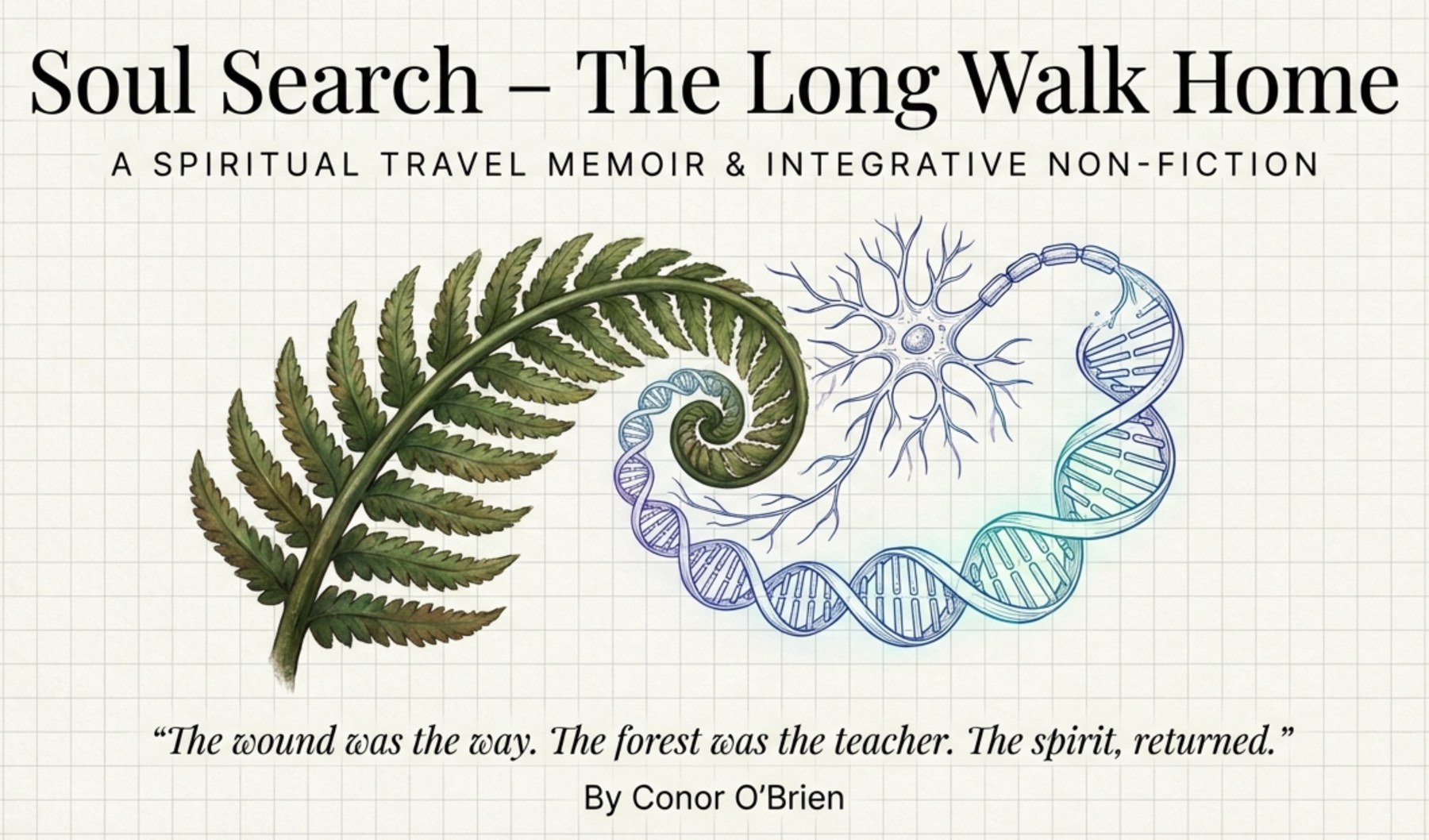 Illustration pairing a fern frond with a neuron and DNA helix — the fern-and-DNA emblem for Soul Search: The Long Walk Home