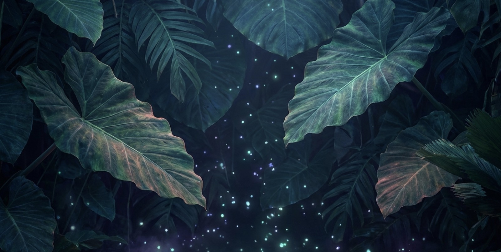 Fireflies drifting among dark tropical leaves