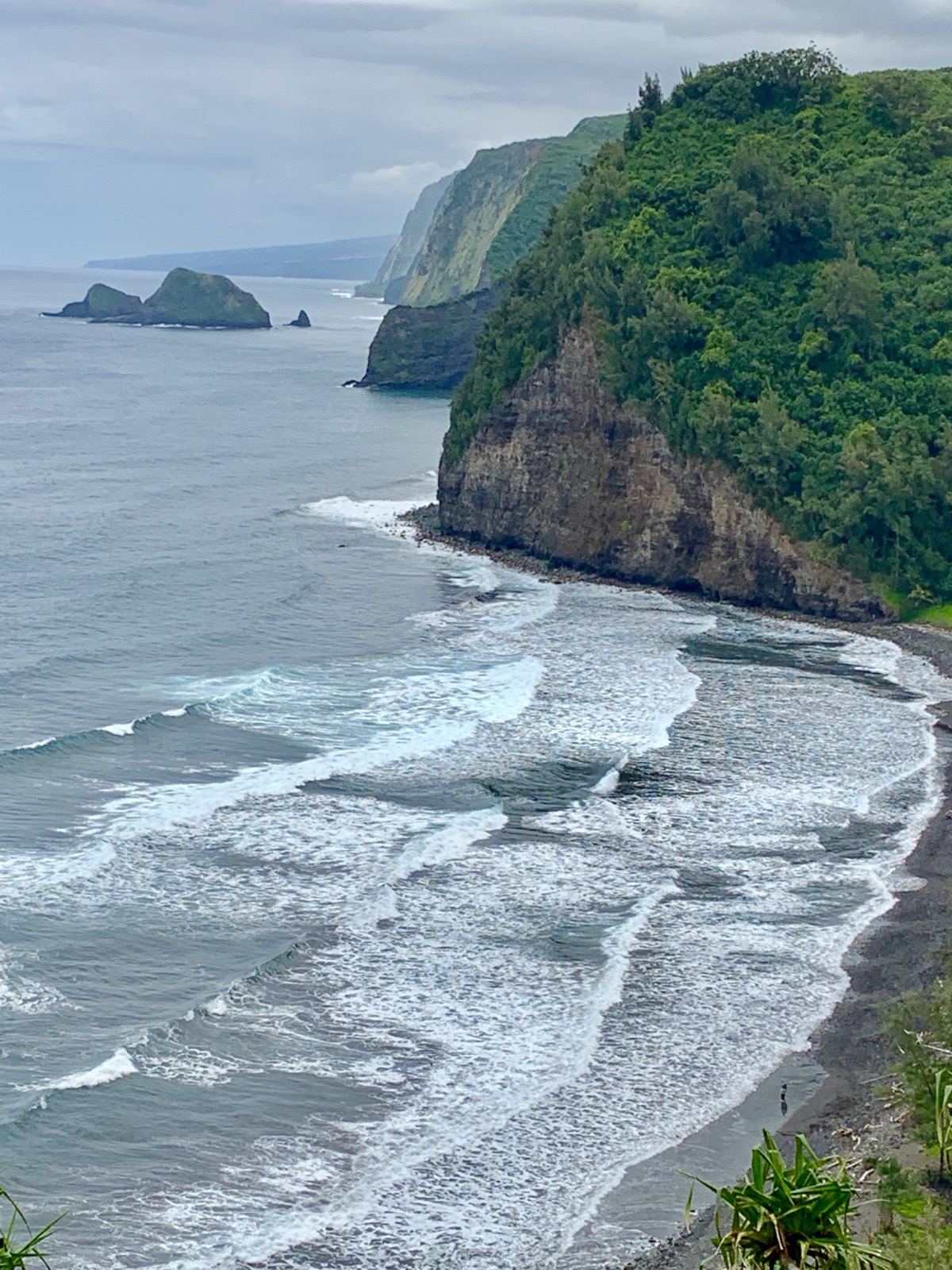 Waves rolling into the Pololū coastline