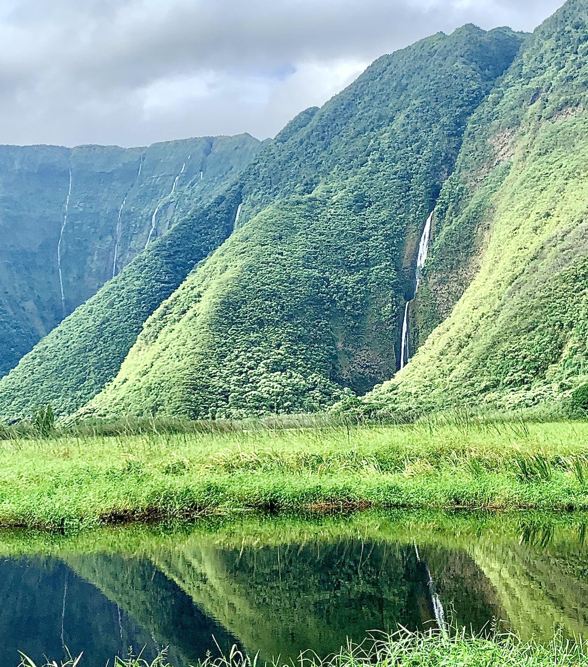 Valley waterfalls reflected in a still pond